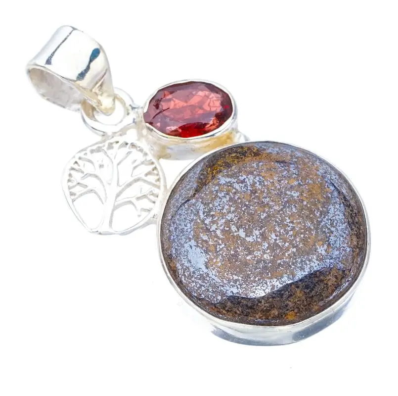 StarGems® Natural Bronzite Garnet TreeHandmade 925 Sterling Silver Pendant 1.5