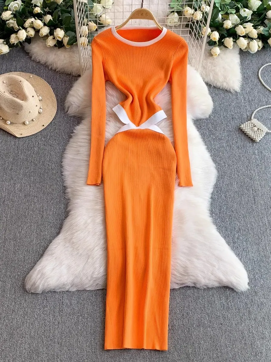 Foamlina outono manga longa cintura cinched malha bodycon vestido estilo europeu design elegante corte cintura sexy chique camisola vestido