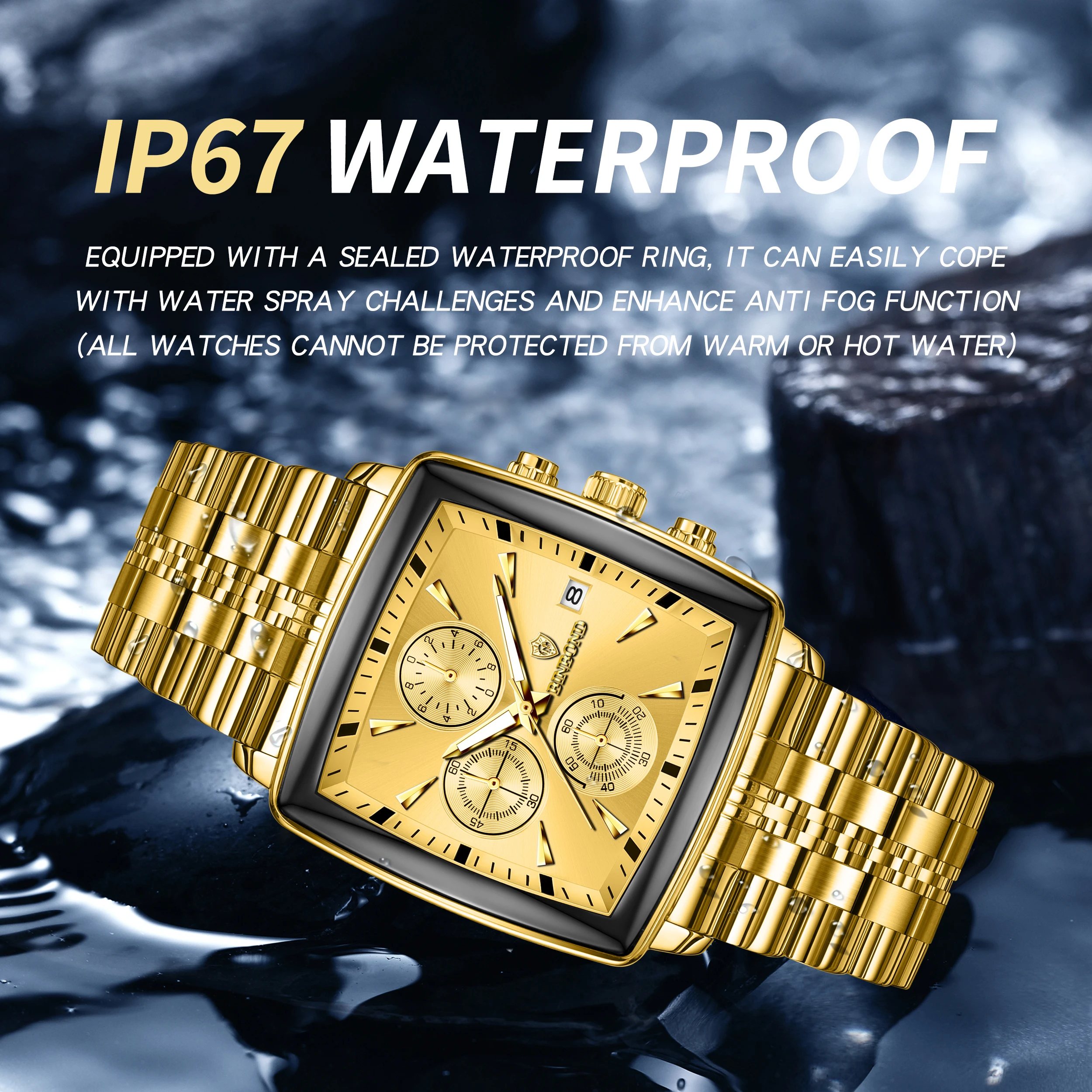 BINBOND ساحة ساعة رجالي مقاوم للماء ضوء الليل كرونوغراف التقويم ساعة رجالي الفولاذ المقاوم للصدأ كوارتز ساعة رجالي + صندوق Reloj