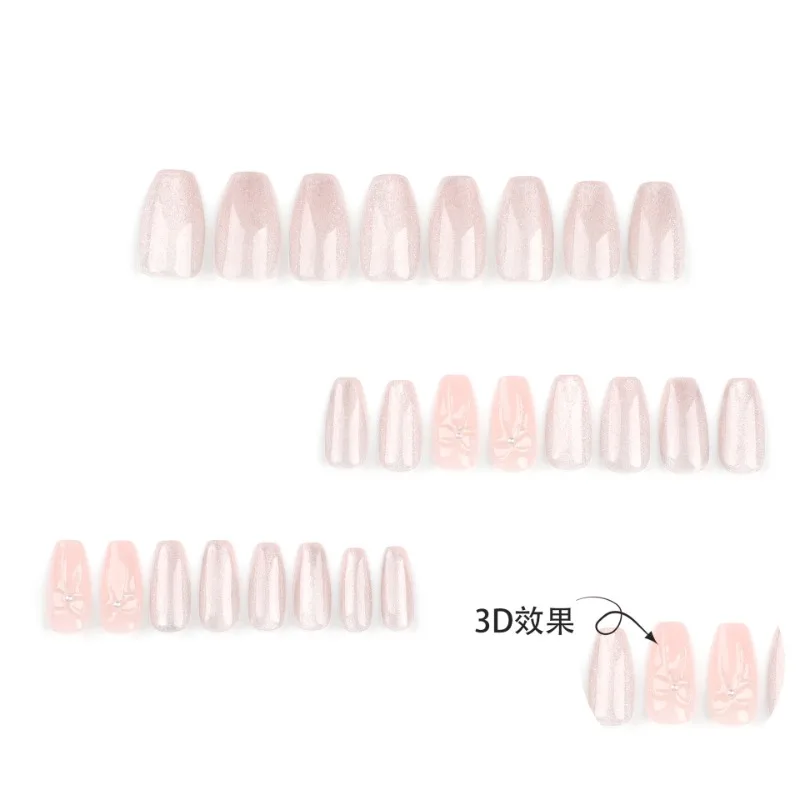 24pcs Pink 3D Bow Short Ballet Sweet Medium Fake Nails Reusable Woman False Nail with Glue Press on Acrylic Nails with Charms