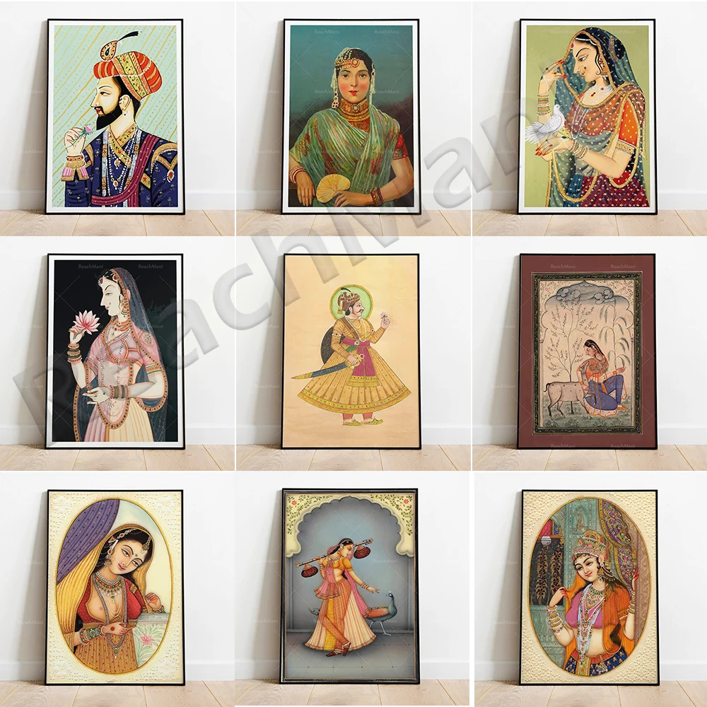 

Indian Folk Print, Royal King, Mughal Dynasty, Royal Prince, Royal Princess, Indian Vintage Palace Poster Living Room Decoration