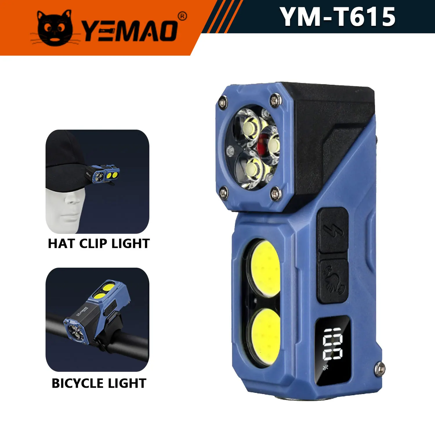 YEMAO T615 Multi-Pose Flashlight 500LM, 180° Rotate Headlamp/Cap Clip/Bike Light, USB-C & Magnetic for MOLLE/Hiking