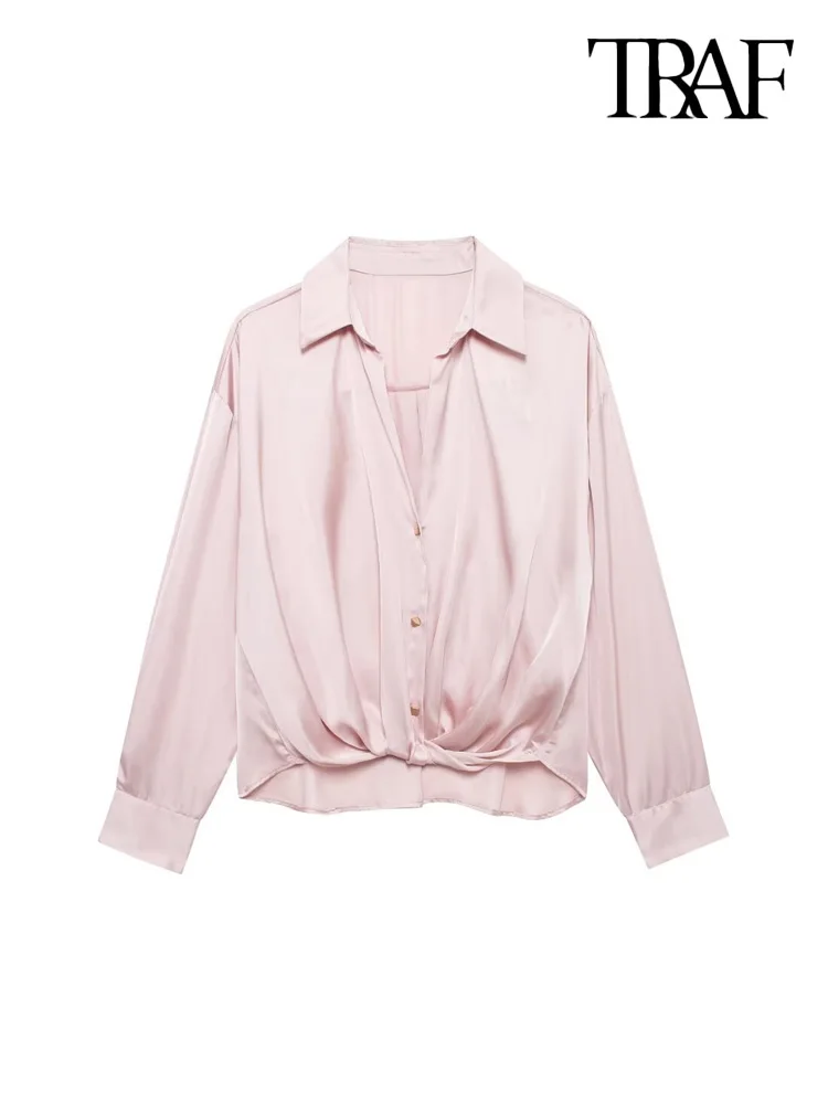 TRAF-With Knot Satin Flowing Loose Shirts for Women, Long Sleeve, Front Button, Female Blouses, Chic Tops, Fashion