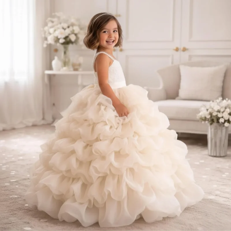 Beaded Spaghetti Strap Flower Girl Dress Satin Waistband Multi Layer Ruffle Organza Voluminous Ball Gown Kids Wedding Bridesmaid