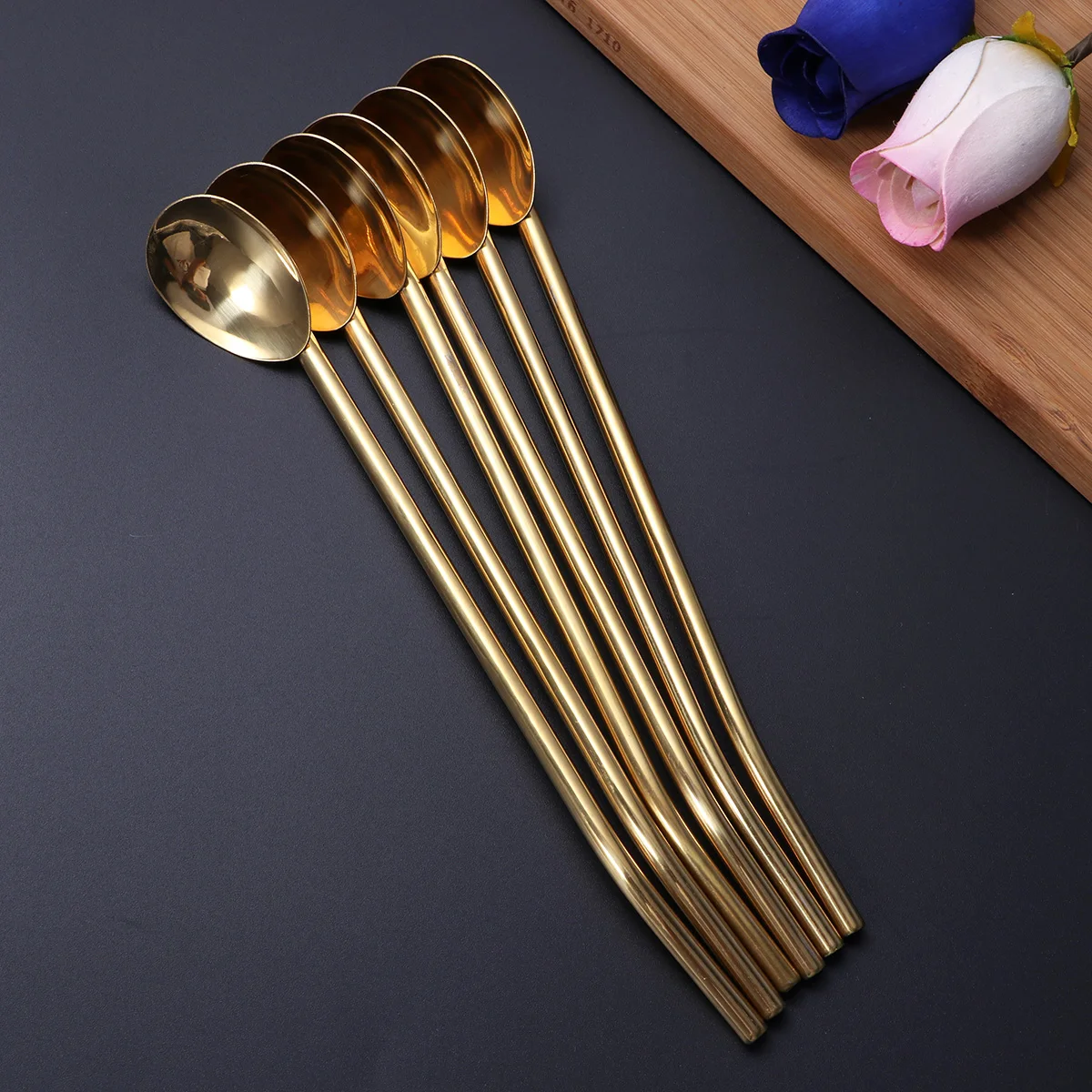 

6 Pcs/Pack Stainless Steel Oval Shape Metal Drinking Spoon Straw Reusable Straws Cocktail Spoons Set(Luxury Gold)