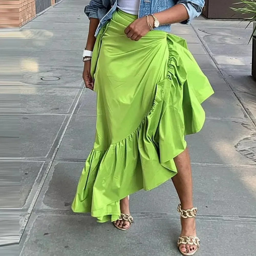 

Bright Green Asymmetrical Women Skirts Without TopRuffles Pleats Evening Party Skirt High Waist Satin Office Lady Skirt Saias