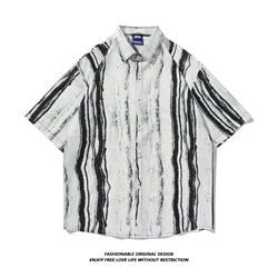 Y2K Trendyol Men Striped Tie Dye Vintage Cargo Shirt Summer New Hawaiian Short Sleeve Casual Mens Women Couple Shirts Oversized