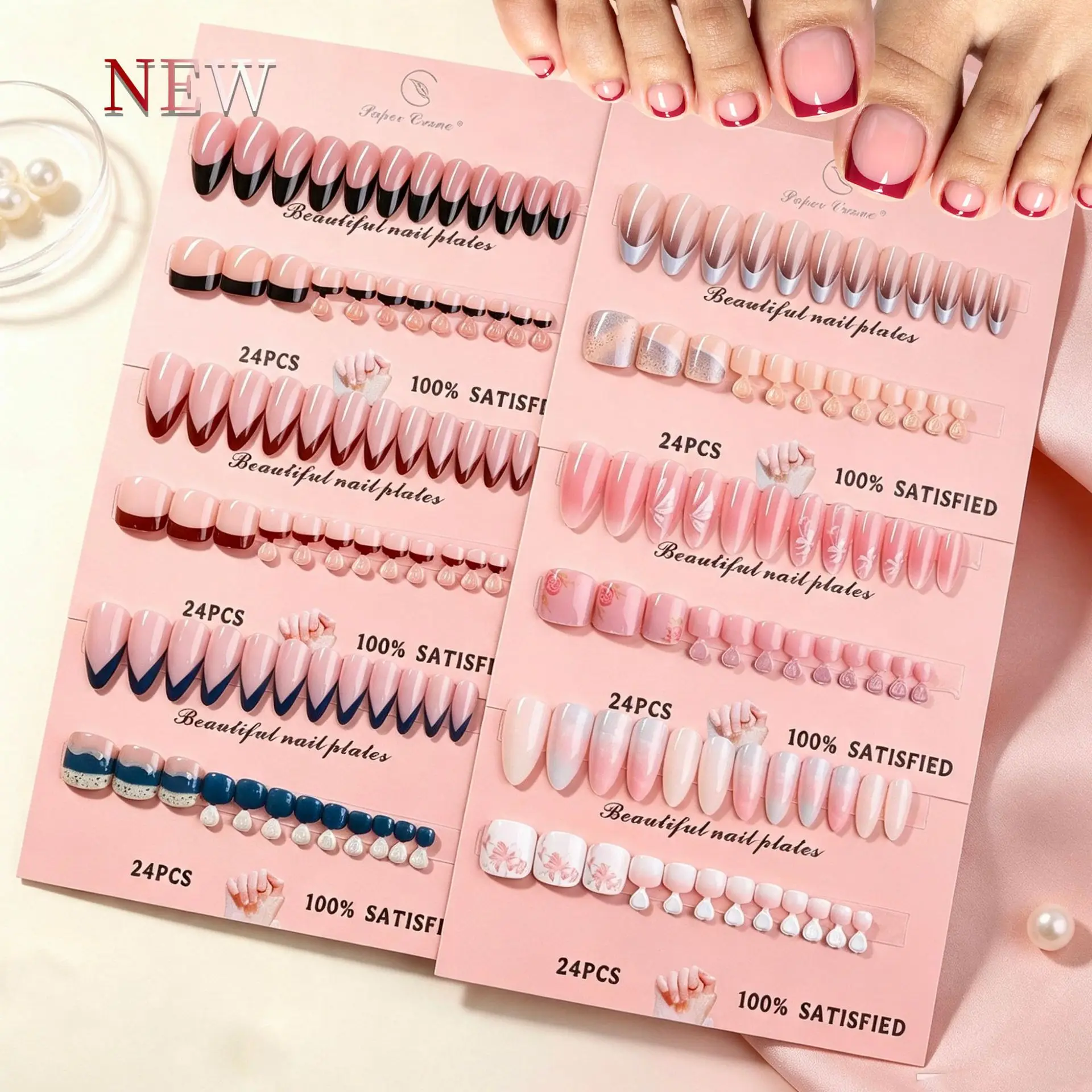 24PCS French Press On Nails Hand Foot False Nails Elegant White Reusable Fake Nail Tips