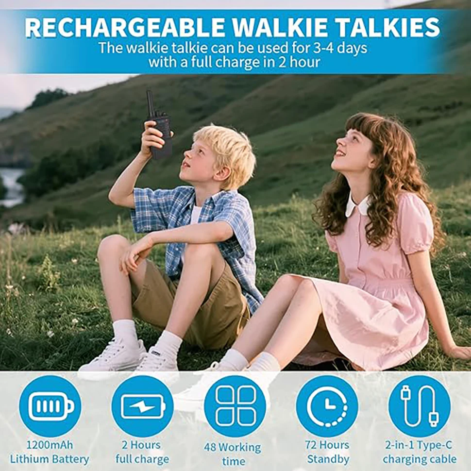 Walkie Talkies para Crianças (2 Peças) |   Recarregável, alcance de 3 milhas, 1200mAh de longa duração em standby
