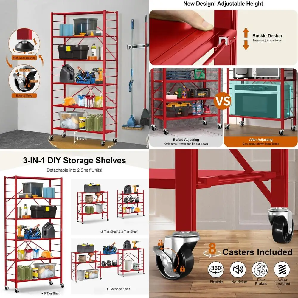 

Расширяемые металлические складные полки на колесах, регулируемая 6-уровневая полка для хранения для гаража, кухни, подвала - красный