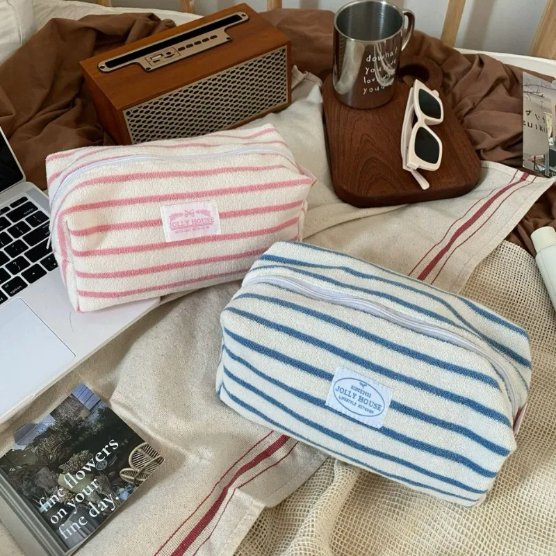 INS Simplicity Korean Fashion Pencil Case Student Pink Blue Color Striped Makeup Case Portable Large Capacity Stationery Bag