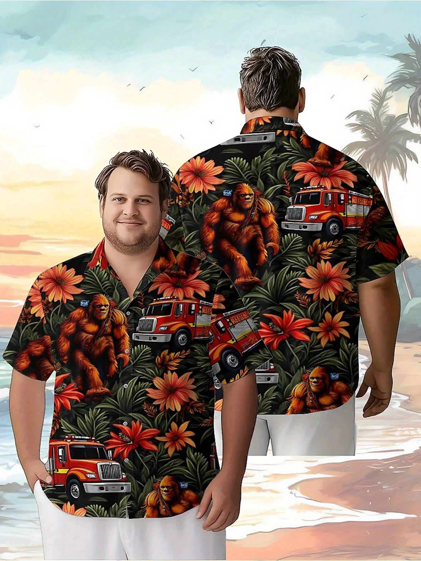 

Men's Plus Size Hawaiian Shirts Sasquatch and Fire Truck pattern, Summer Casual Top, Suitable for Outdoor and Party, Street Wear