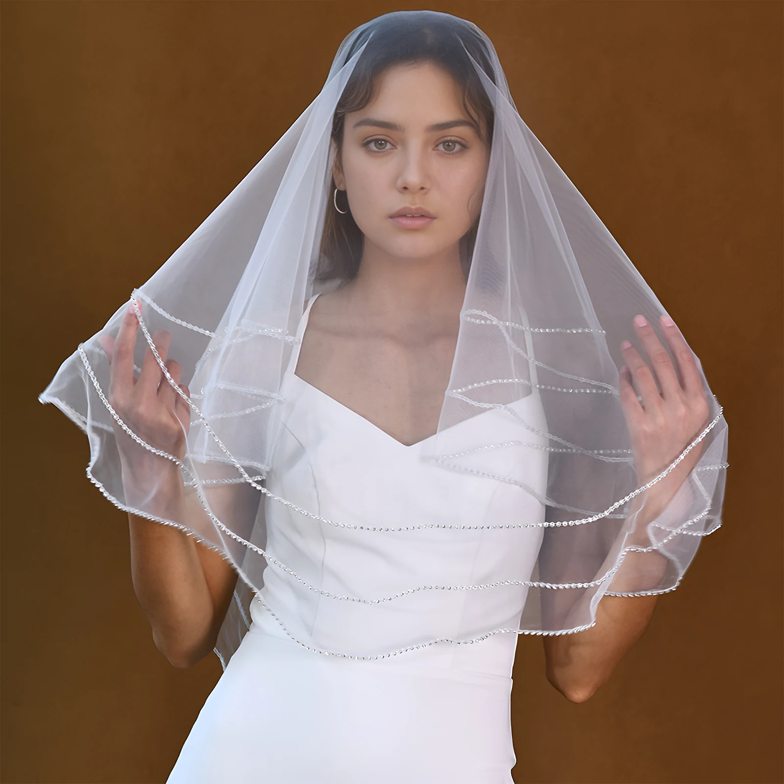 

Romantic White Pearl Edge Veil Single Layer Wedding Dress Accessories Comb-Free Net Customizable M88