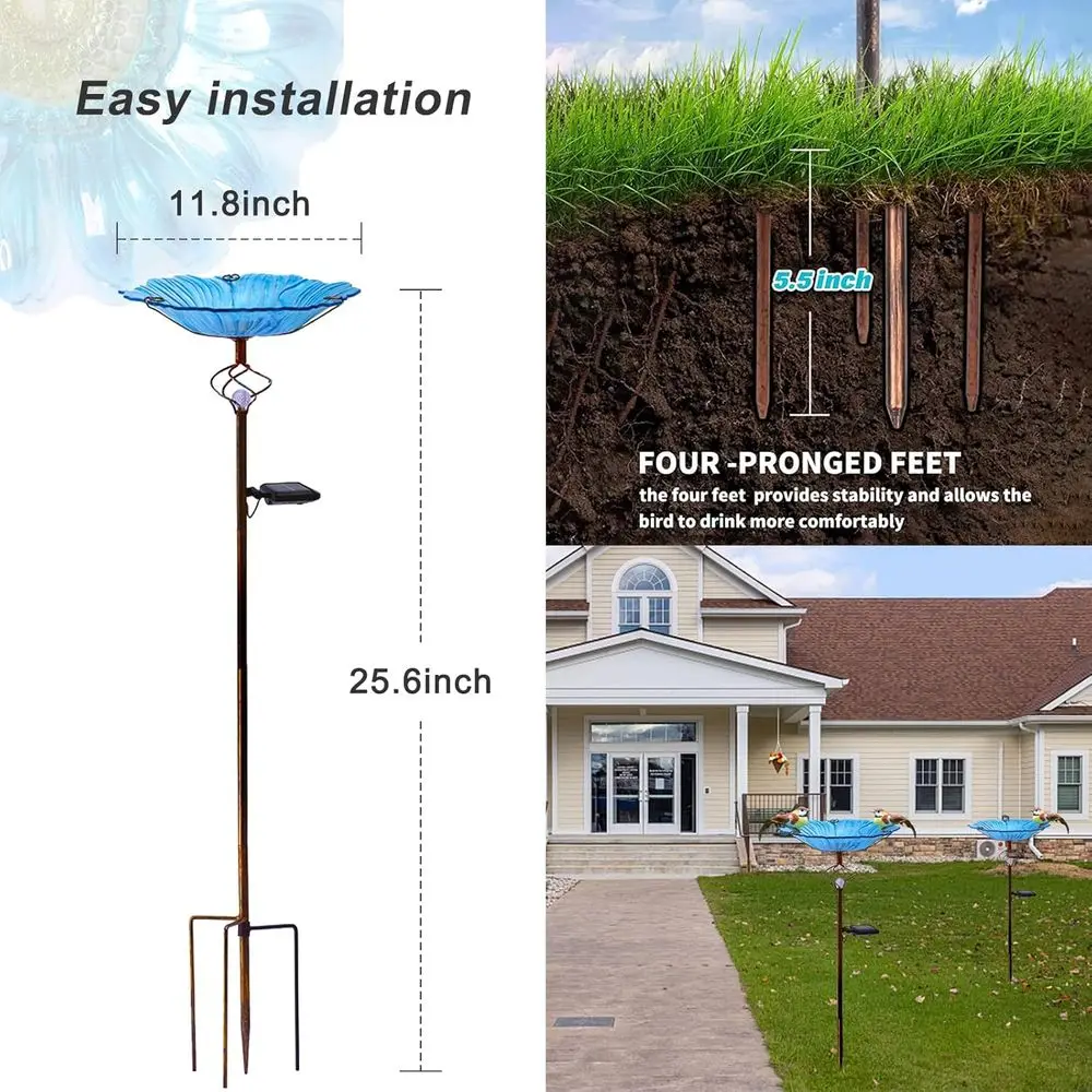 Glass Blue Bird Bath Yard Art Garden Outdoor Birdbath with Metal Stake White LED Light Metal Stake Garden Decor