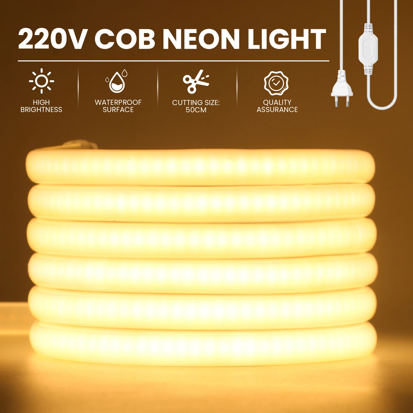 

220V COB LED Neon Light Flexible LED Strip Light 288LEDs Waterproof Outdoor High Density Linear Lighting for Bedroom Decor