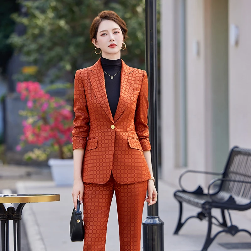 NAVIU Fashion Business Women Work Wear Spring New High Quality Plaid Blazer and FLARE PANTS Suit Shows Calm Capable Temperament