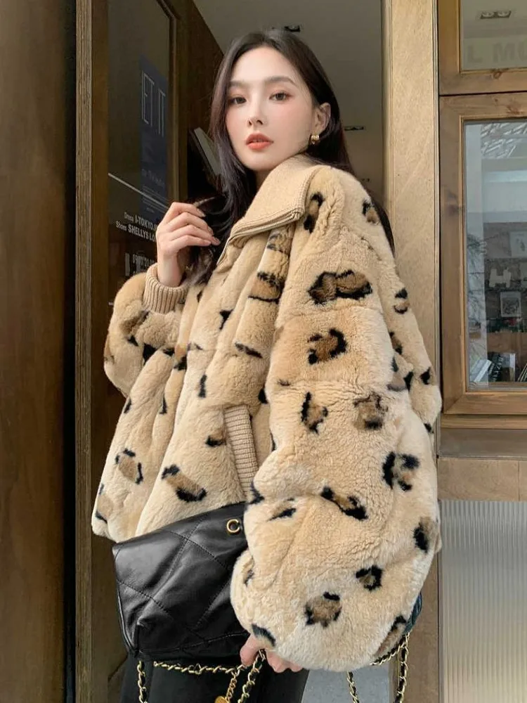 Winter New Women Oversized Soft Real Rabbit Fur Coat Casual Loose Fit Lapel Collar Leopard Printed Jacket Streetwear Overcoat