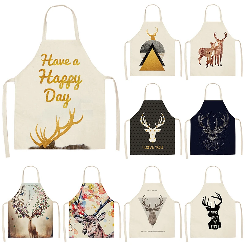 Deer Letter Geometric Kitchen Aprons For Women Cotton Linen Bibs Household Cleaning Pinafore Home Cooking Apron 55x68cm