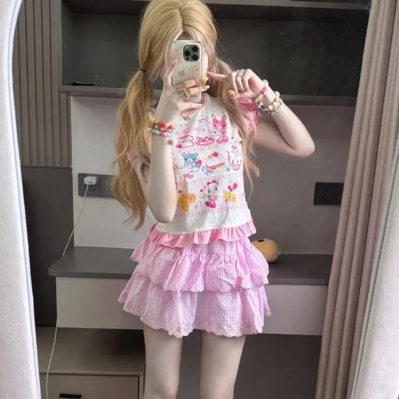 Japanese Cartoon Printed Daughter Clothing Suit Short Sleeve T-shirt+ Pink Plaid Embroidered Cake Skirt Sweet 2 Piece Sets Women