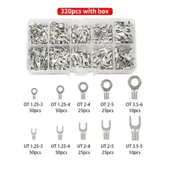 Brass Terminals Assortment Kit, Cable Wire Connector, Crimp Spade, Non-Insulated Ring Fork, U-Type, 10 in 1, 200 Pcs, 320Pcs
