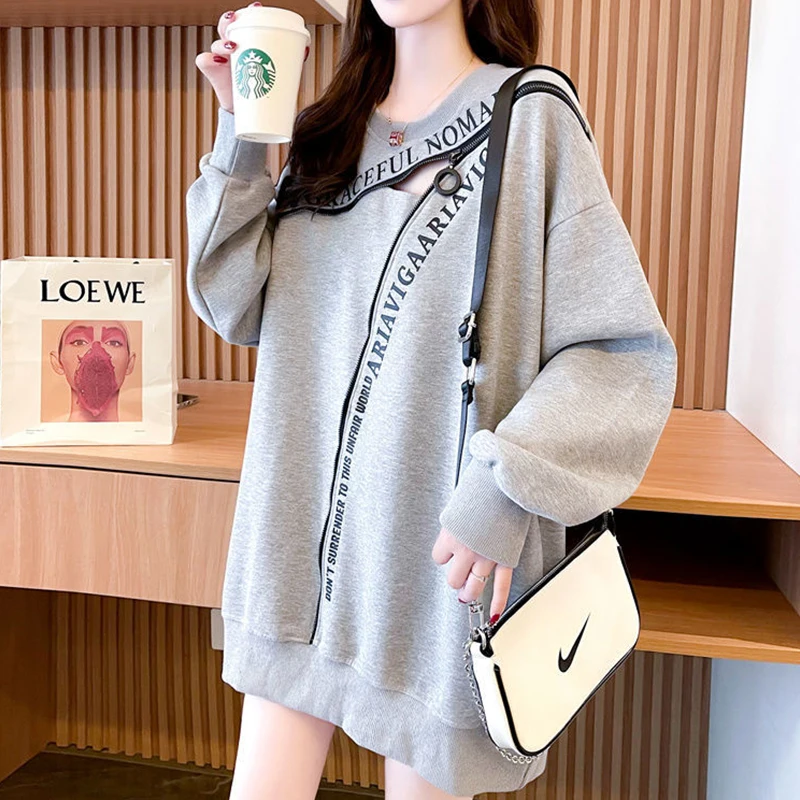 

Letter Zipper Sexy Hollow Streetwear Harajuku Female Sweatshirt Autumn Fashion Casual Pullover Long Sleeve Top Clothing 2023