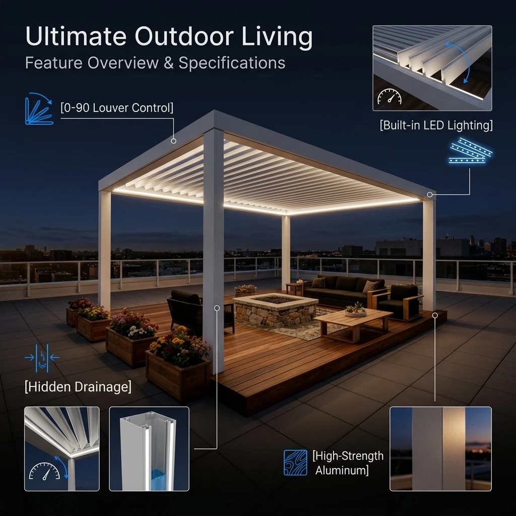 Modern Black Aluminum Waterproof Enclosed Gazebo Adjustable Louvered Roof With Full Size Transparent Sliding Glass Panels