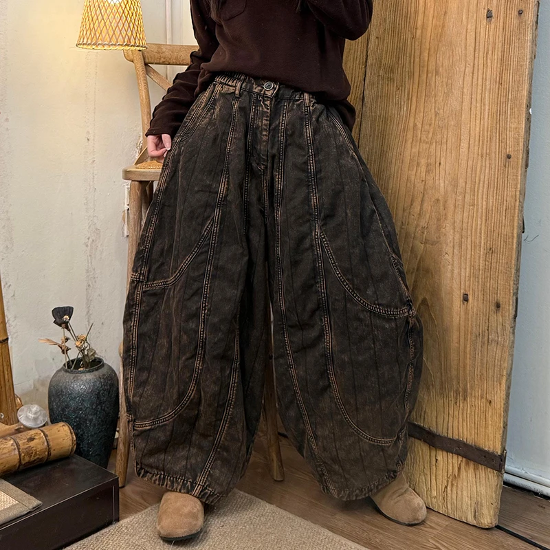 

Новое поступление 2025, осенние женские двухслойные хлопковые джинсовые брюки до щиколотки, повседневные свободные лоскутные шаровары с эластичной резинкой на талии H84