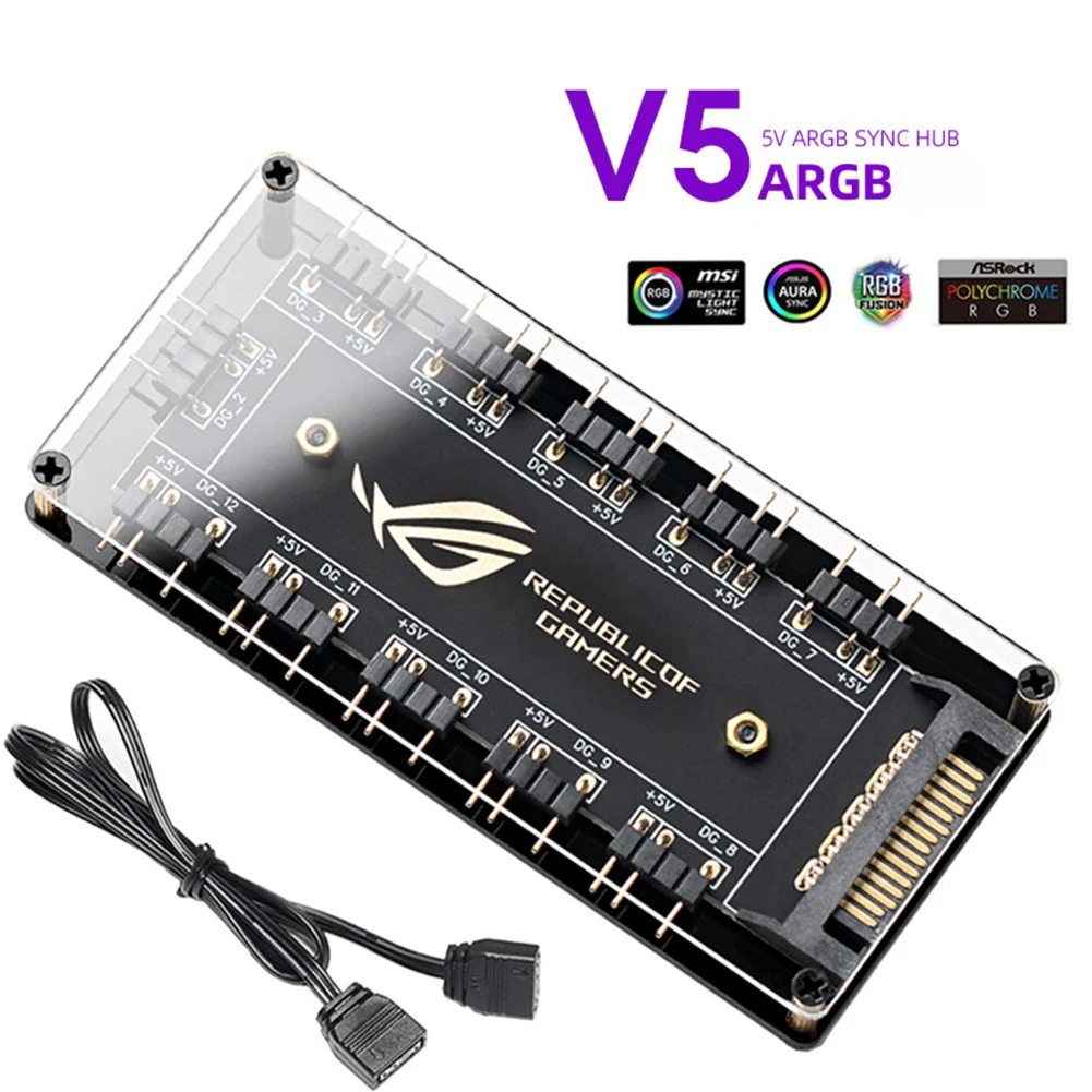 ARGB Connector 1 To 10 Port Splitter Hub 5V 3Pin ARGB Case Fan Hub With Adhesive Base SATA Power For LED Fans Lights Accessories