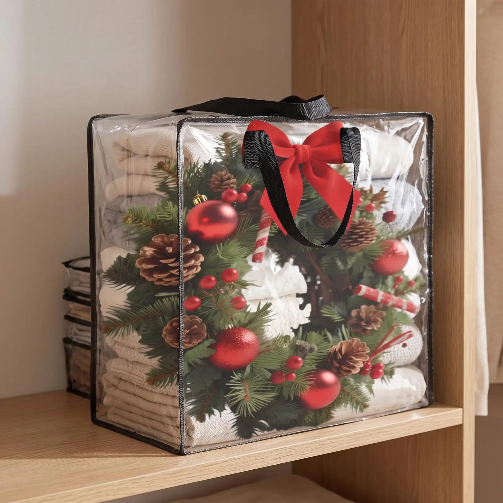 Large Transparent Travel Storage Sack for Holiday Decor Folding Cube Bag with Side Opening and Reinforced Handles