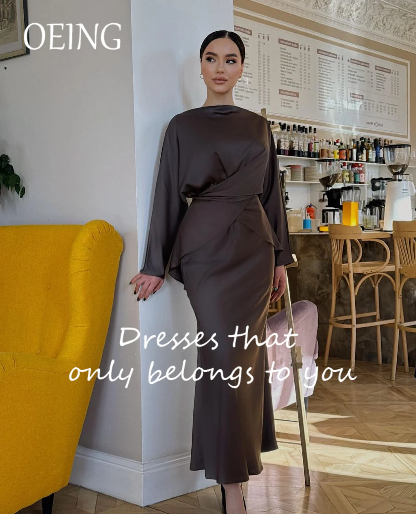 OEING O-Neck Luxury Garden Evening Dresses Mermaid Sexy Long Sleeves Formal Birthday Floor Length Elegant Prom Gown Party Women