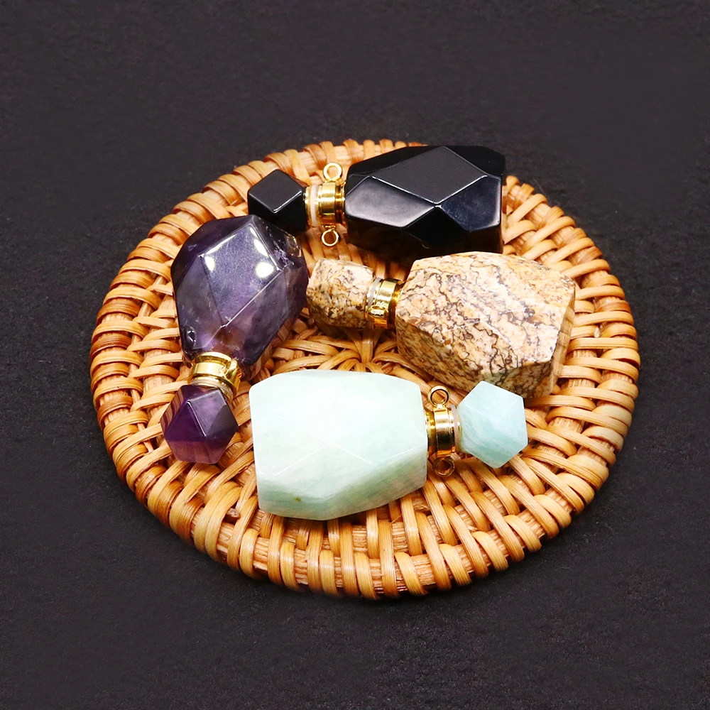 Creative Perfume Bottle Shape Natural Amethyst Amazonite Double-Hole Pendant Women's Diffuser Essential Oil Jewelry Accessory