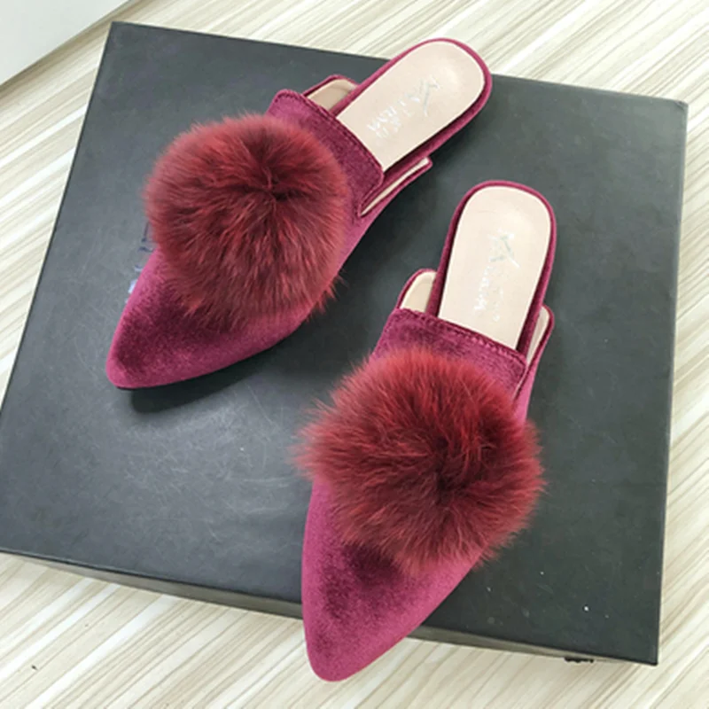 Lady 2023 New Corduroy Velvet Ball Slides Pointy Toe Shallow Mouth Green Grey Slippers No Heels Flats For Narrow Feet 32-44 27cm