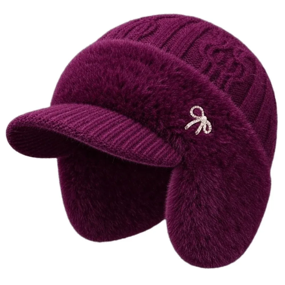Thickened Winter Knit Hat Windproof Soft Yarn Fleece Lined Beanie Solid Color Ear Flaps Elderly Mother Bonnet Morning Exercise