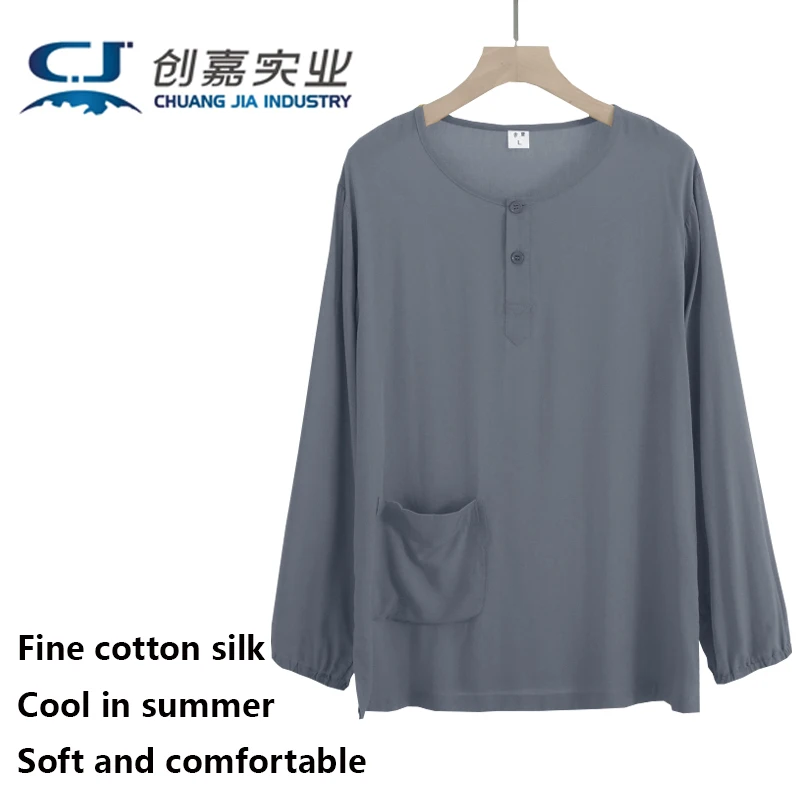 Summer Cotton Silk Men's Long Sleeve T-shirt Royal Blue Loose Plus Size Fat 5XL Casual Home Wear Cool Breathable Pajamas
