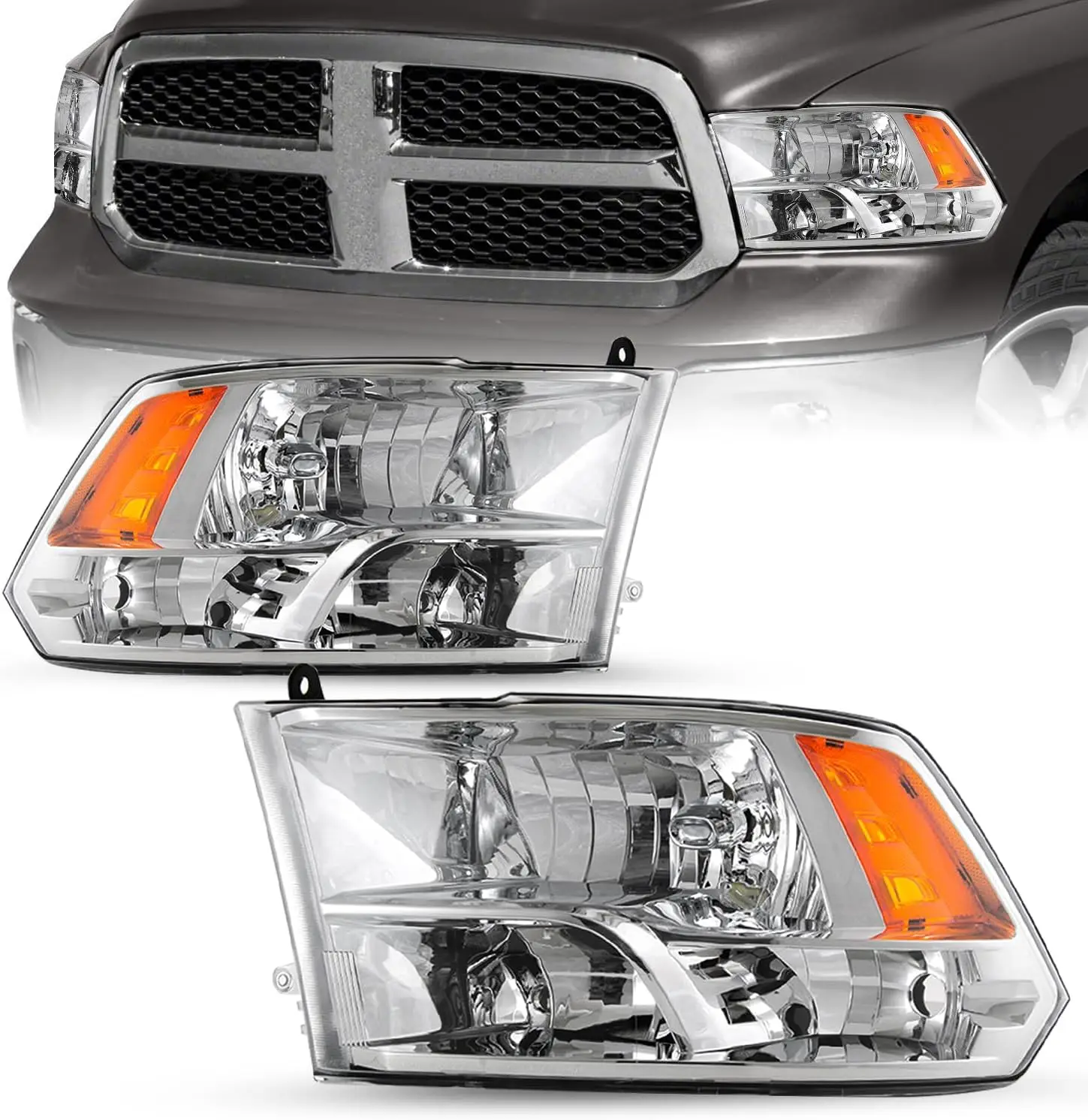 

Quad Pickup Headlight Assembly Compatible with 2009-2018 Dodge Ram 1500/2010-2018 Ram 2500 3500 OE Replacement Halogen Headlamp