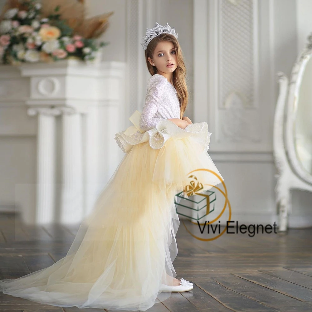 Charming Scoop Flower Girl Dresses 2023 Summer Full Sleeve Tiered Wedding Party Gowns Sparkle Sequined فساتين بنات صغار Organza