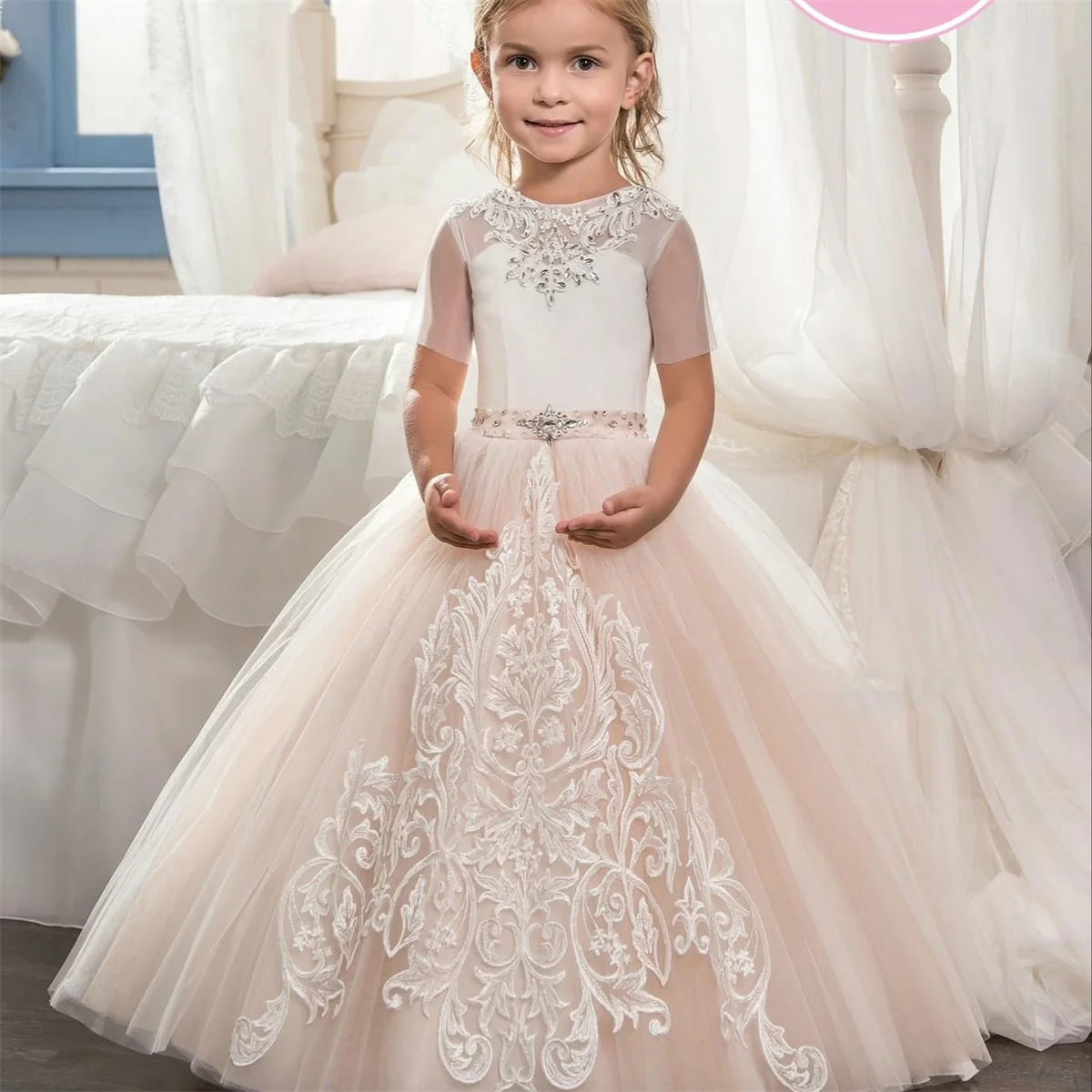 

Long Beaded Flower Girl Dresses Tulle Appliques Princess Child Wedding Birthday Party Dress Half Sleeve Pageant Ball Prom Gowns