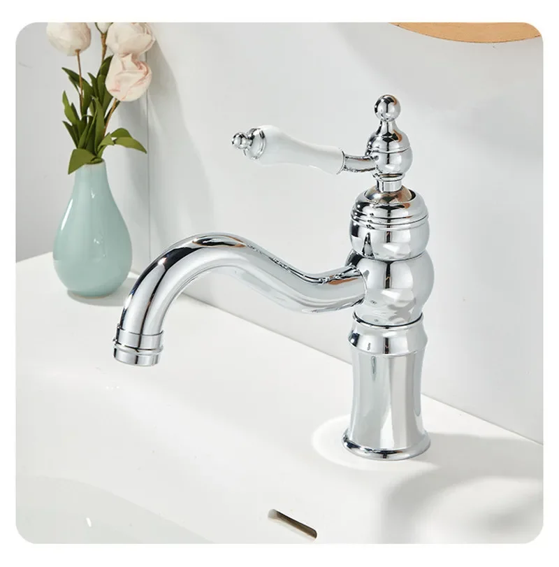 Tuqiu Gold Bathroom Faucet Total Brass Chrome Basin Faucet Cold And Hot Water Mixer Sink Tap Single Handle Deck Mounted Sink Tap