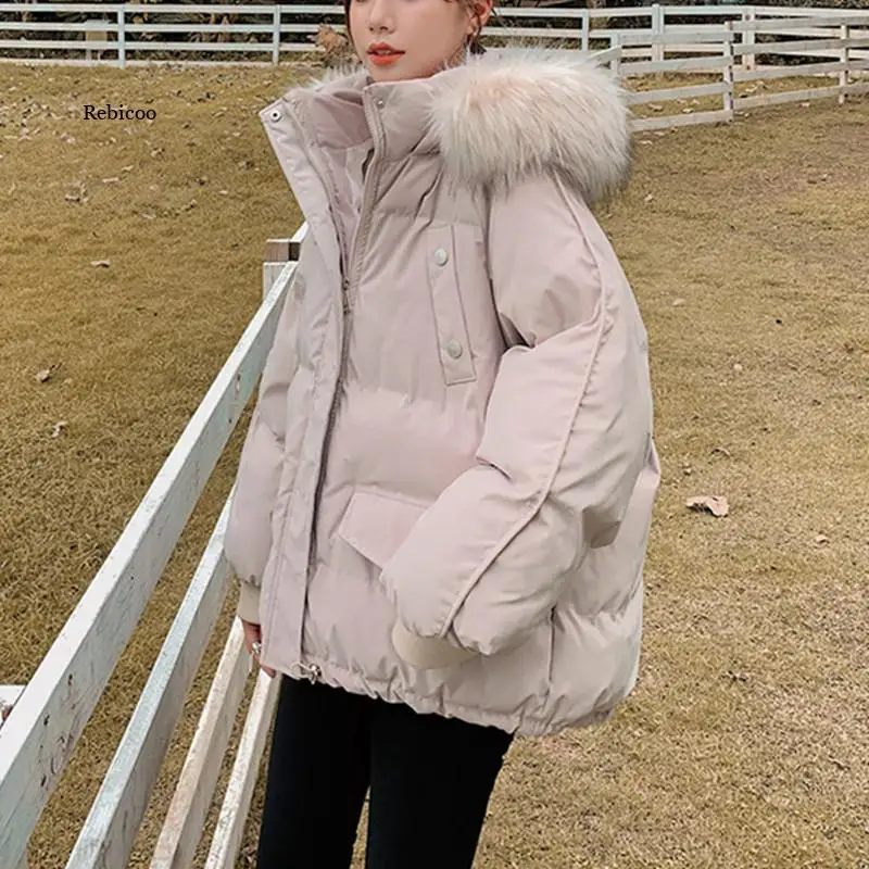 Winter Warm Loose Hooded Parkas Overcoat Womens Cotton Elegant Padded Faux Fur Collar Coats Female Parka Jackets Outwear