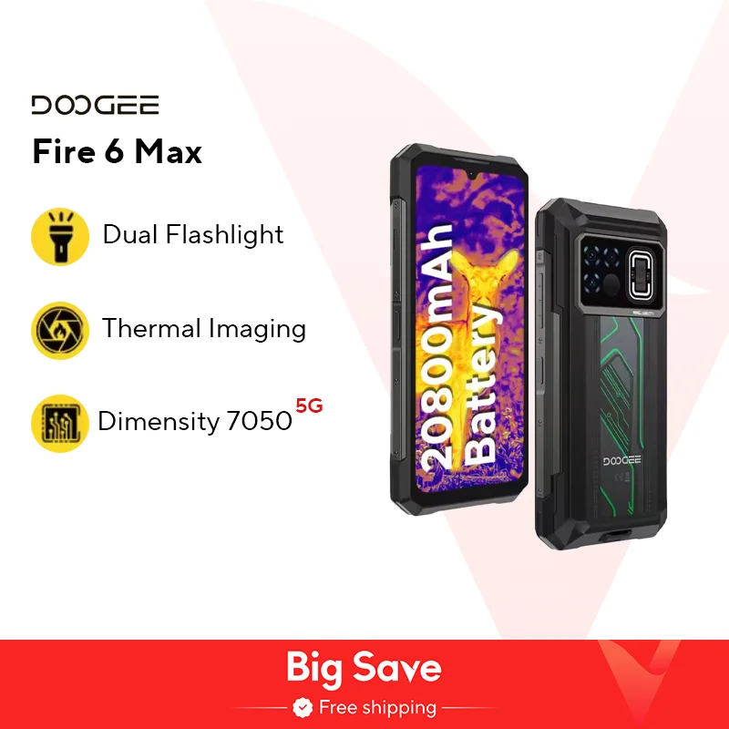World Premiere DOOGEE Fire 6 Max 5G Rugged Phone Dimensity 7050 Thermal Imaging 6.72” Dual Flashlight 20800mAh Battery Cellphone