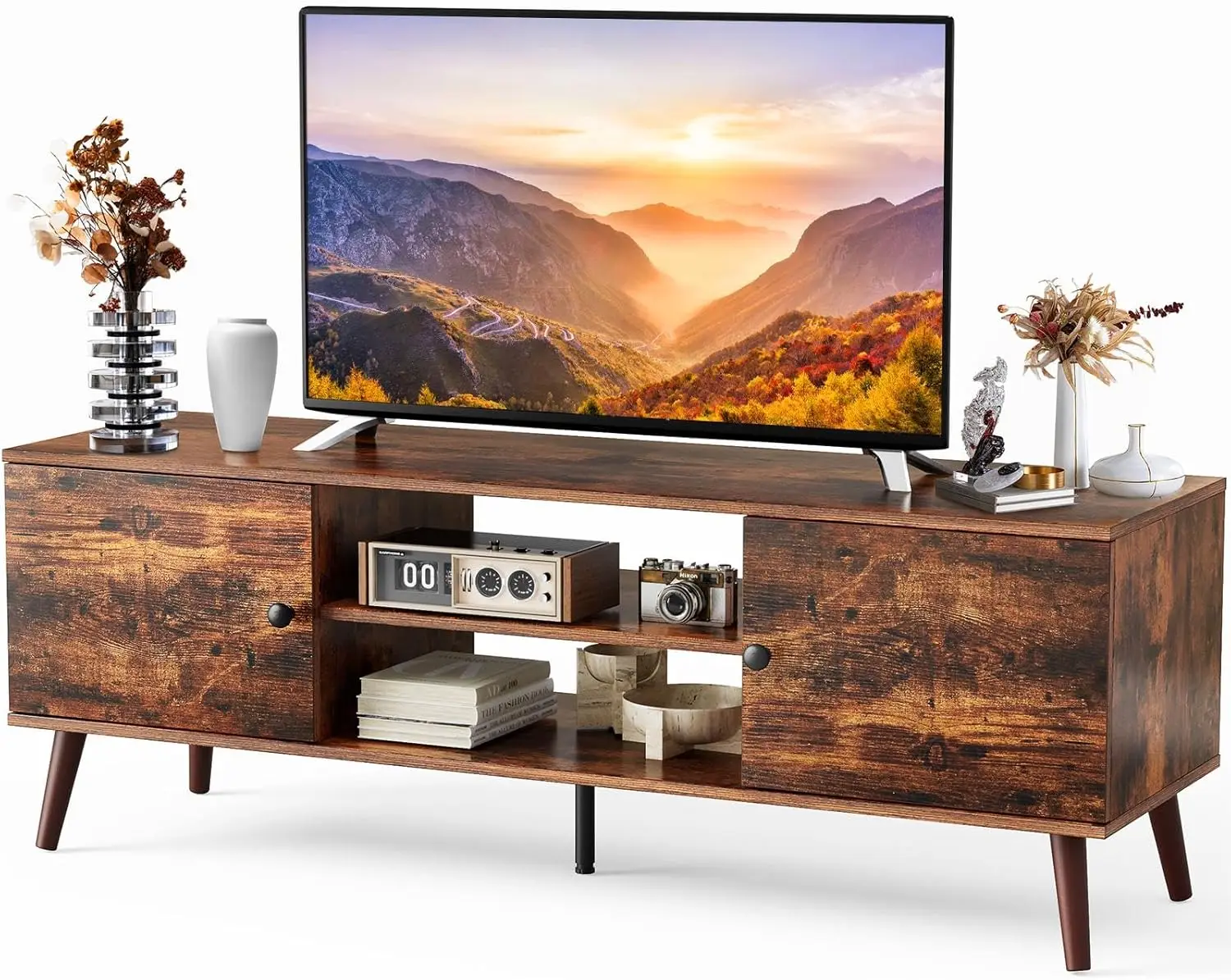 

TV Stand for 55 60 inch TV, Entertainment Center with Storage Cabinet, Mid Century Modern Media Console Table, Adjustable Hinge