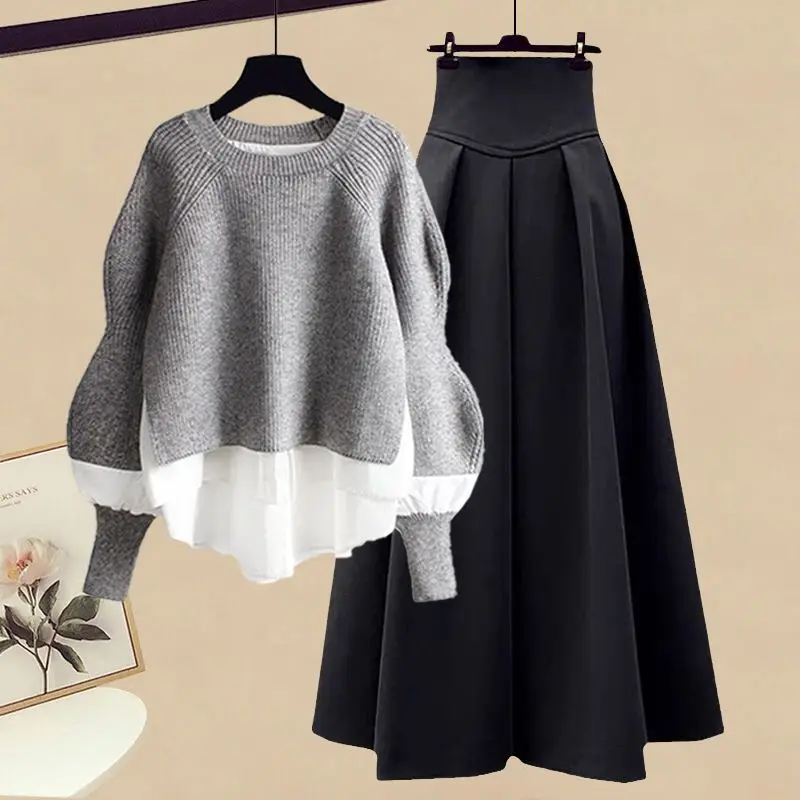 Large Women's Autumn Set 2024 New Fashion Fake Two Piece Top Style Slim Half Skirt Two Piece Setwinter Clothes Womenmatching Set