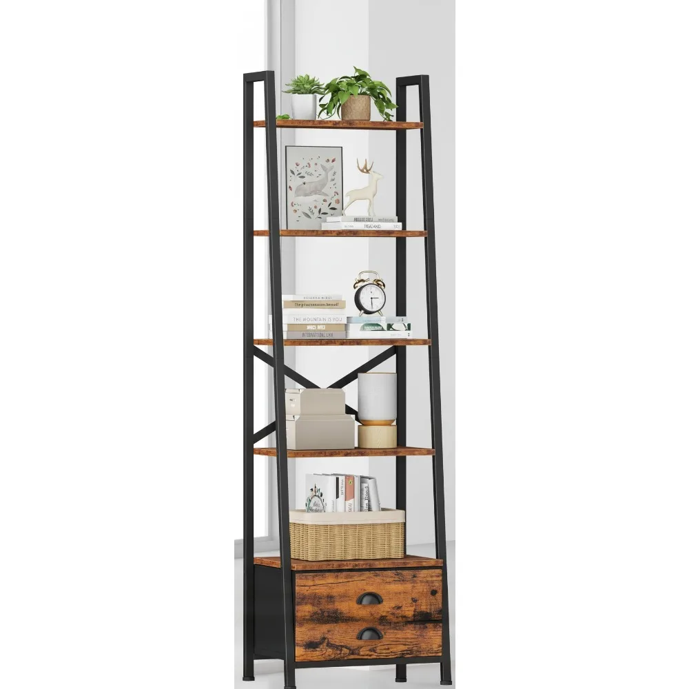 

5-уровневая полка-лестница с 2 ящиками, промышленный книжный шкаф для хранения вещей для гостиной, спальни, офиса