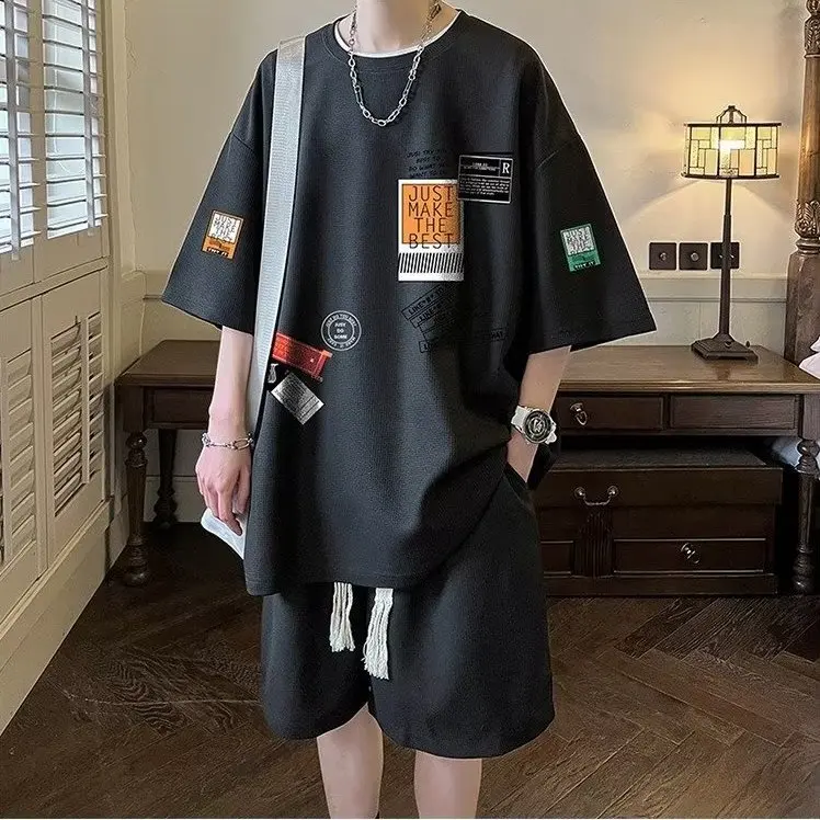 

Шорты с короткими рукавами, костюм для мальчиков, летняя тонкая футболка, модный комплект, красивый повседневный студенческий комплект из двух предметов