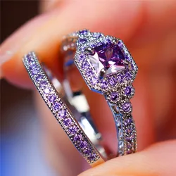 Luxury Female Crystal Purple Zircon Stone Engagement Ring Set Cute Wedding Jewelry For Women