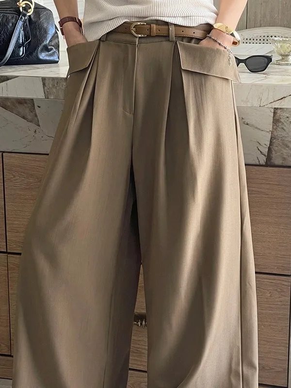 

Женские повседневные брюки с высокой талией и широкими штанинами, эффект удлинения ног, элегантные, премиум-класса, длинные брюки во французском стиле, осенняя коллекция