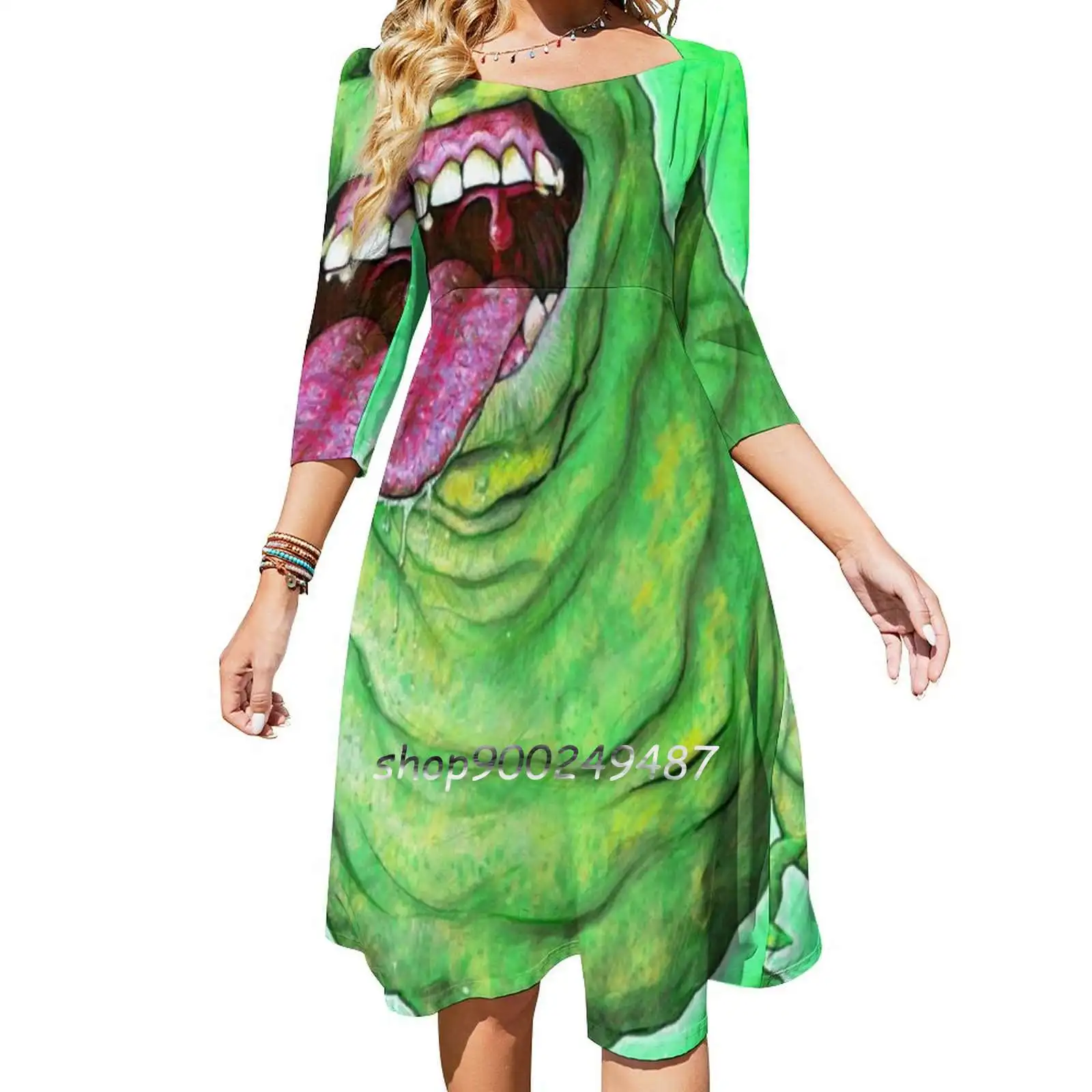 Slimer / Ghostbusters Square Neck Dress New Plus Size Elegant Women Waist Tight Dress Slimer Ghostbusters 80S Retro Comedy