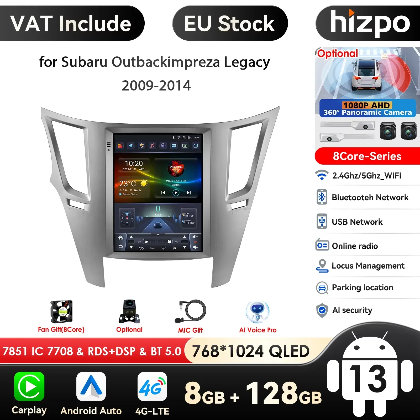 Autoradio Hizpo 9.7 pour Subaru Outback Lmpreza Legacy 2009-2014, lecteur multimédia audio Harmon Kardon, CarPlay, Android Auto, WIFI, écran intelligent de 9,7 pouces de style Tesla, écran QLED, unité principale automobile, navigation, WIFI 5G, DSP, ADAS, USB, DVR, SWC, BT