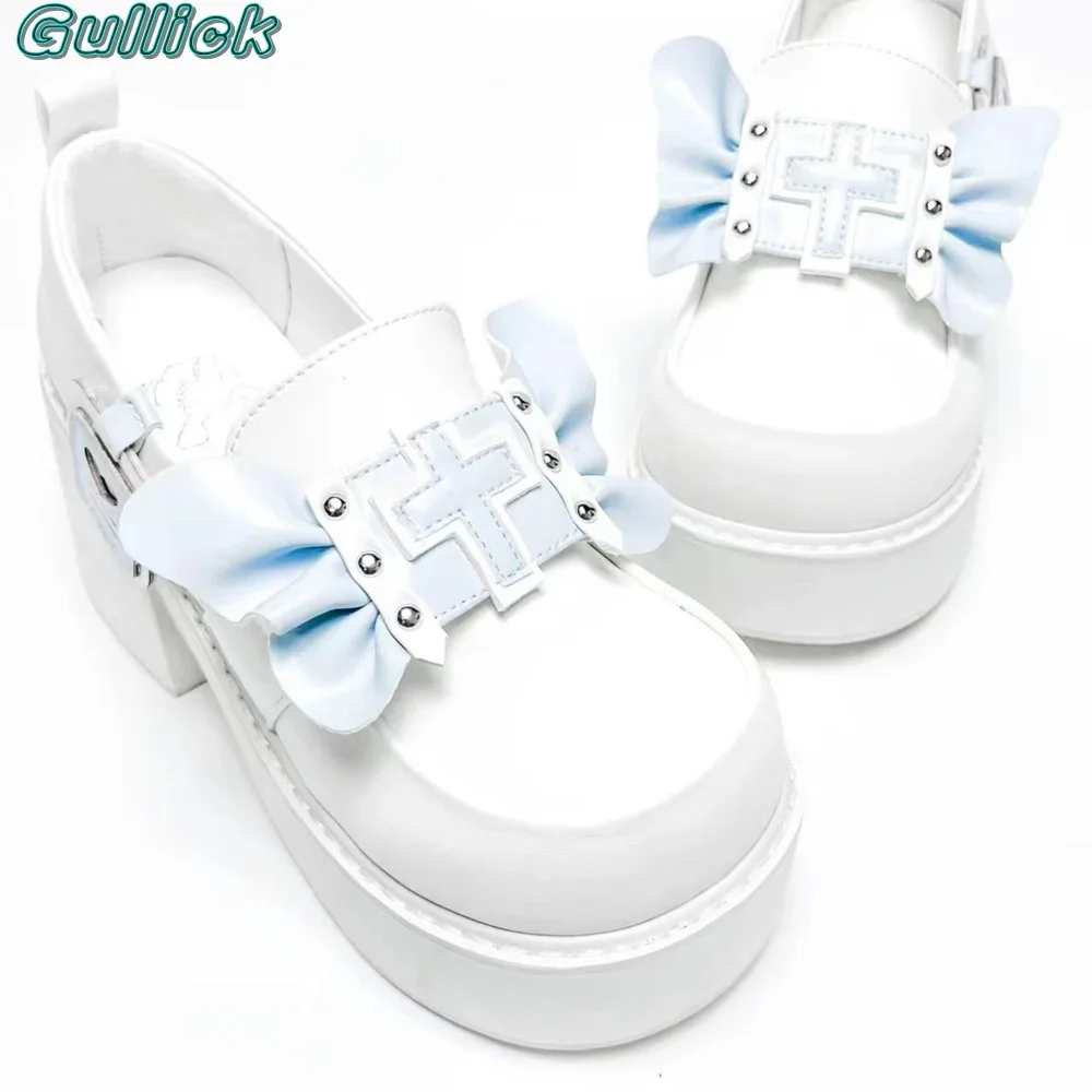 Gullick 나비 펌프스 여성용 신발 리벳, 둥근 발가락, 두꺼운 힐, 솔리드 커버 힐, 높이 증가, 레저 시간 아웃웨어 신발