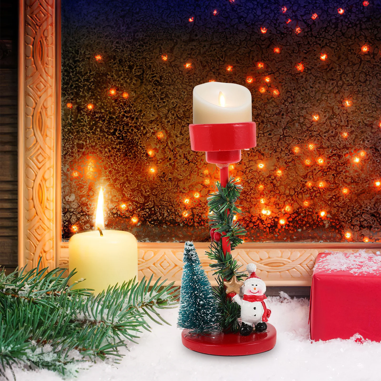 

Christmas Candles Holder Snowman Holiday Centerpiece Table Decorations Exquisite Craftsmanship Resin Statue Mantle Coffee Table